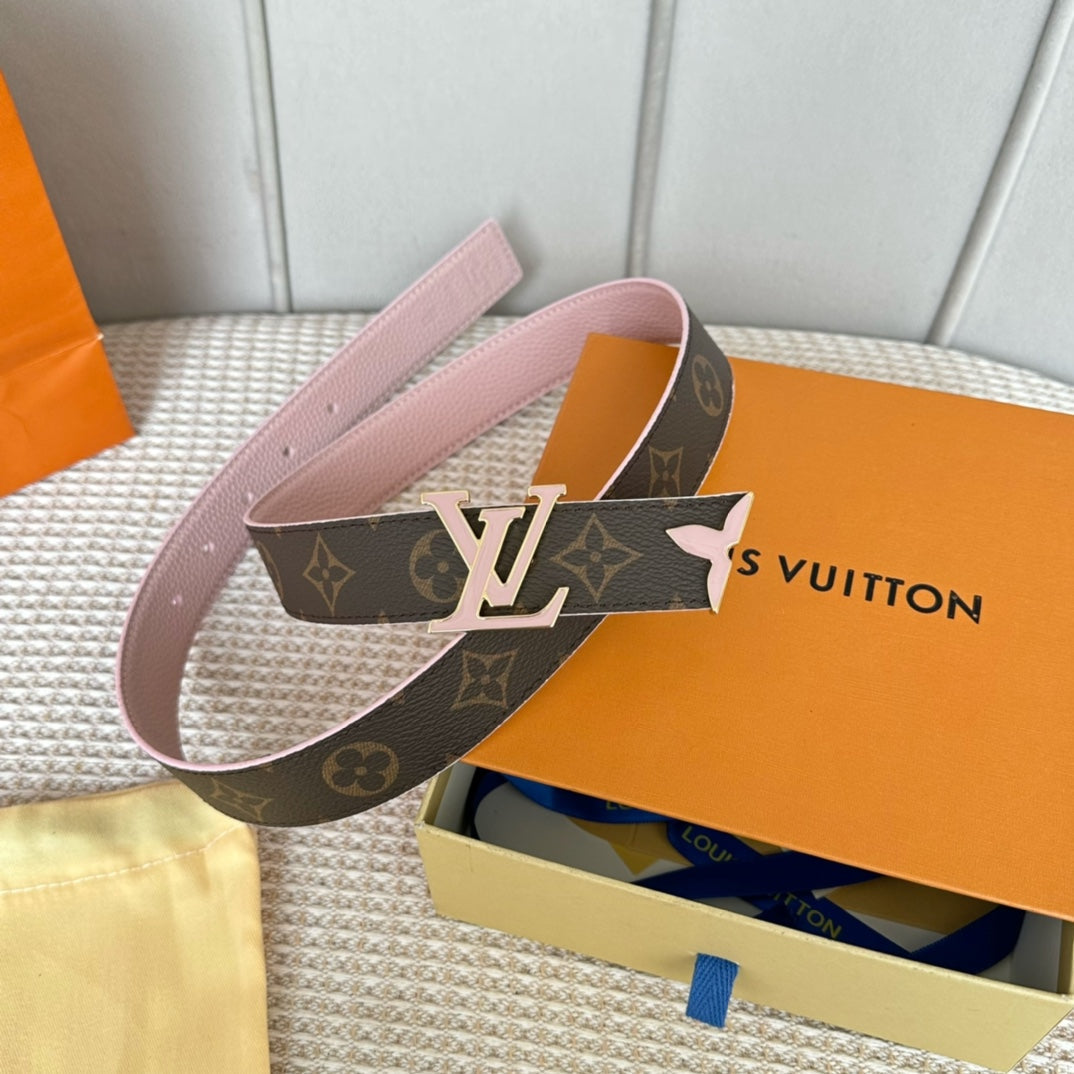 Louis Vuitton Pretty 30mm Reversible Belt Pink Gold Buckle Pink Brown Leather