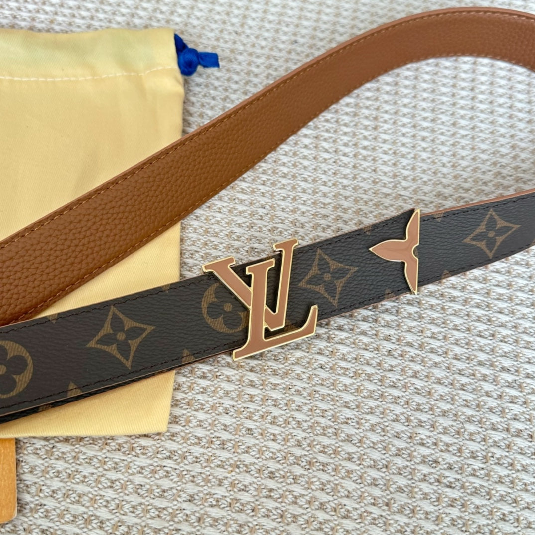Louis Vuitton Pretty 30mm Reversible Belt Tan Gold Buckle Tan Brown Leather