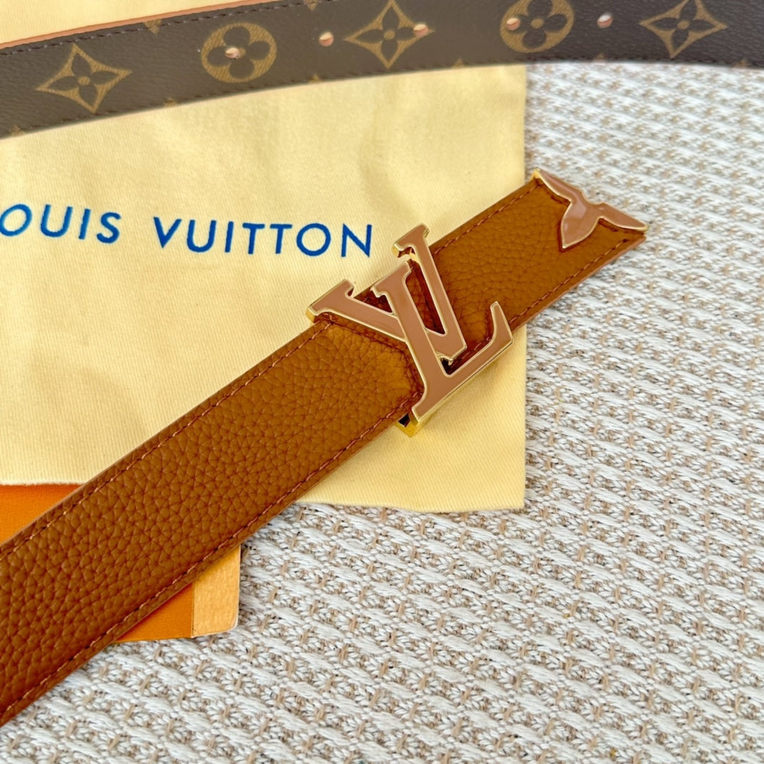 Louis Vuitton Pretty 30mm Reversible Belt Tan Gold Buckle Tan Brown Leather