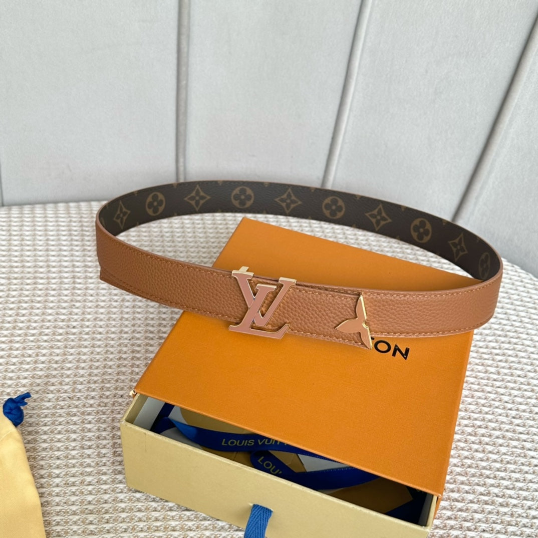 Louis Vuitton Pretty 30mm Reversible Belt Tan Gold Buckle Tan Brown Leather