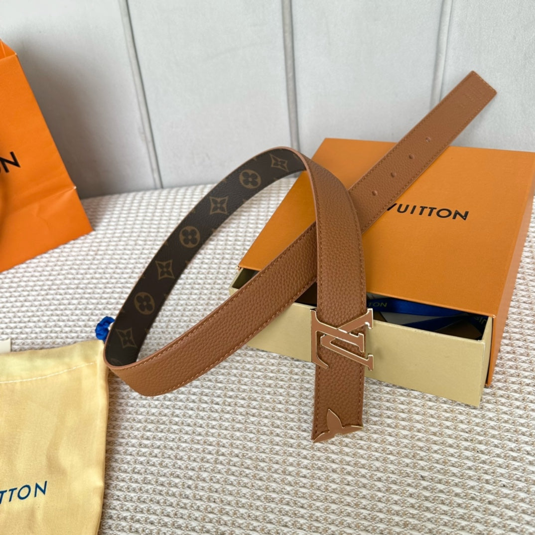 Louis Vuitton Pretty 30mm Reversible Belt Tan Gold Buckle Tan Brown Leather