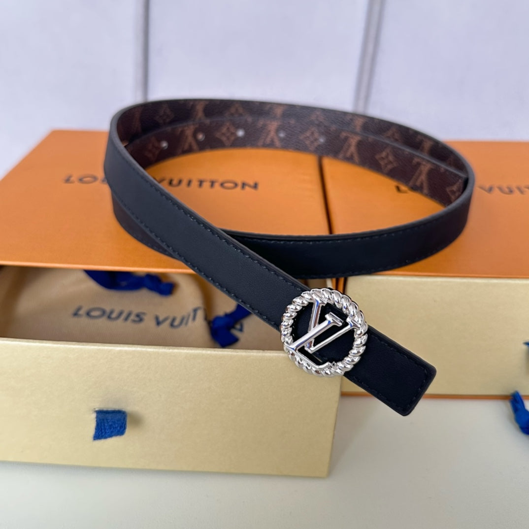 Louis Vuitton Circle Nautical 20mm Reversible Square End Tip Belt Silver Buckle Navy Blue Brown lambskin