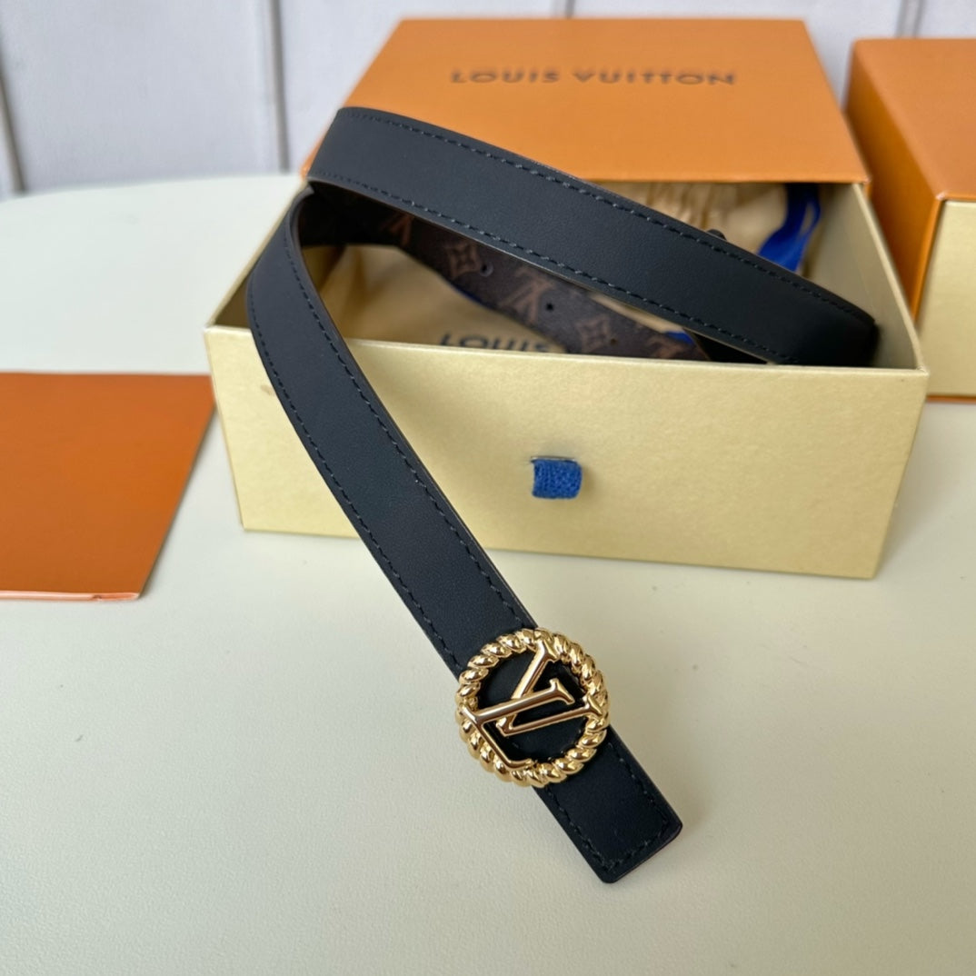 Louis Vuitton Circle Nautical 20mm Reversible Square End Tip Belt Gold Buckle Navy Blue Brown lambskin