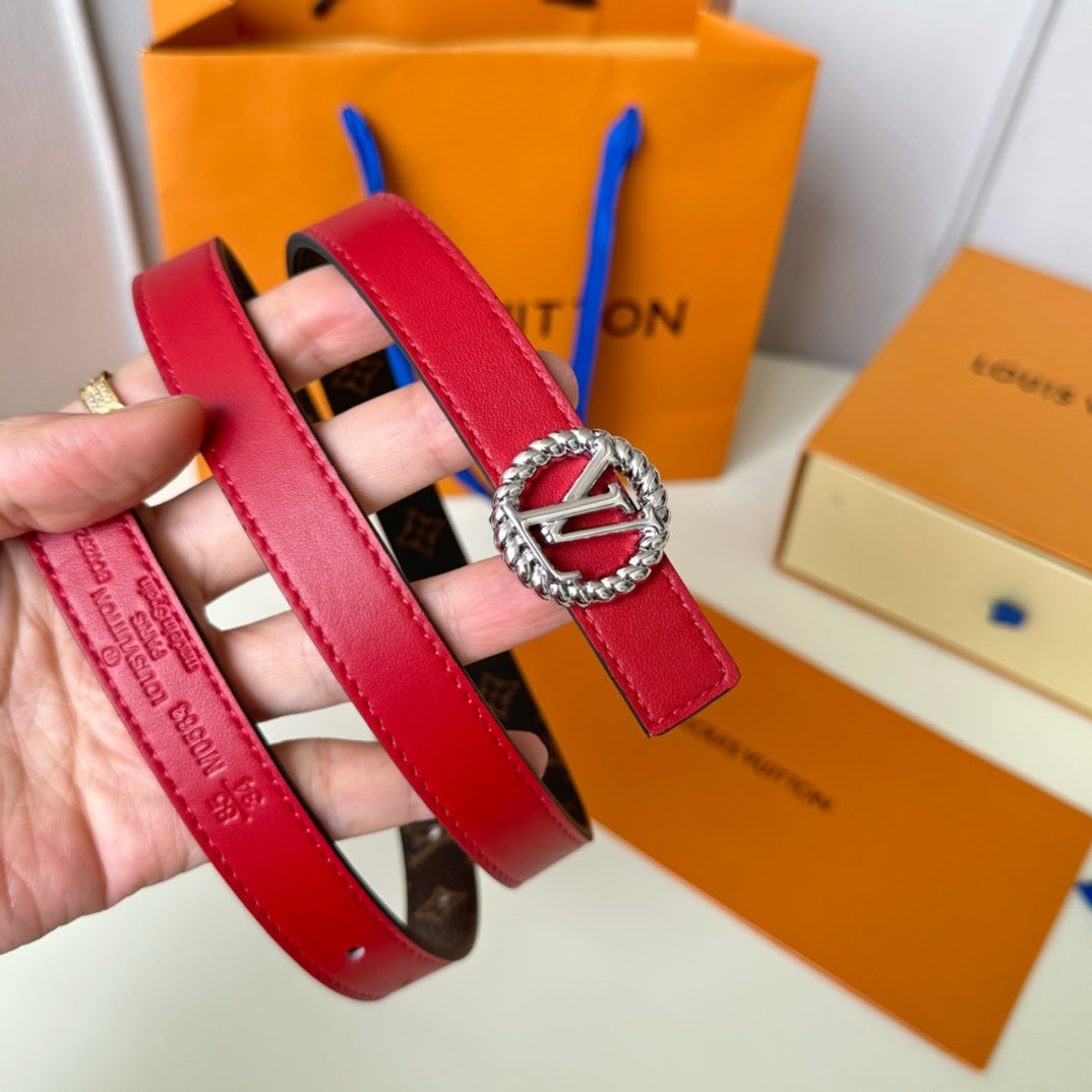 Louis Vuitton Circle Nautical 20mm Reversible Belt Silver Buckle Red Brown Lambskin
