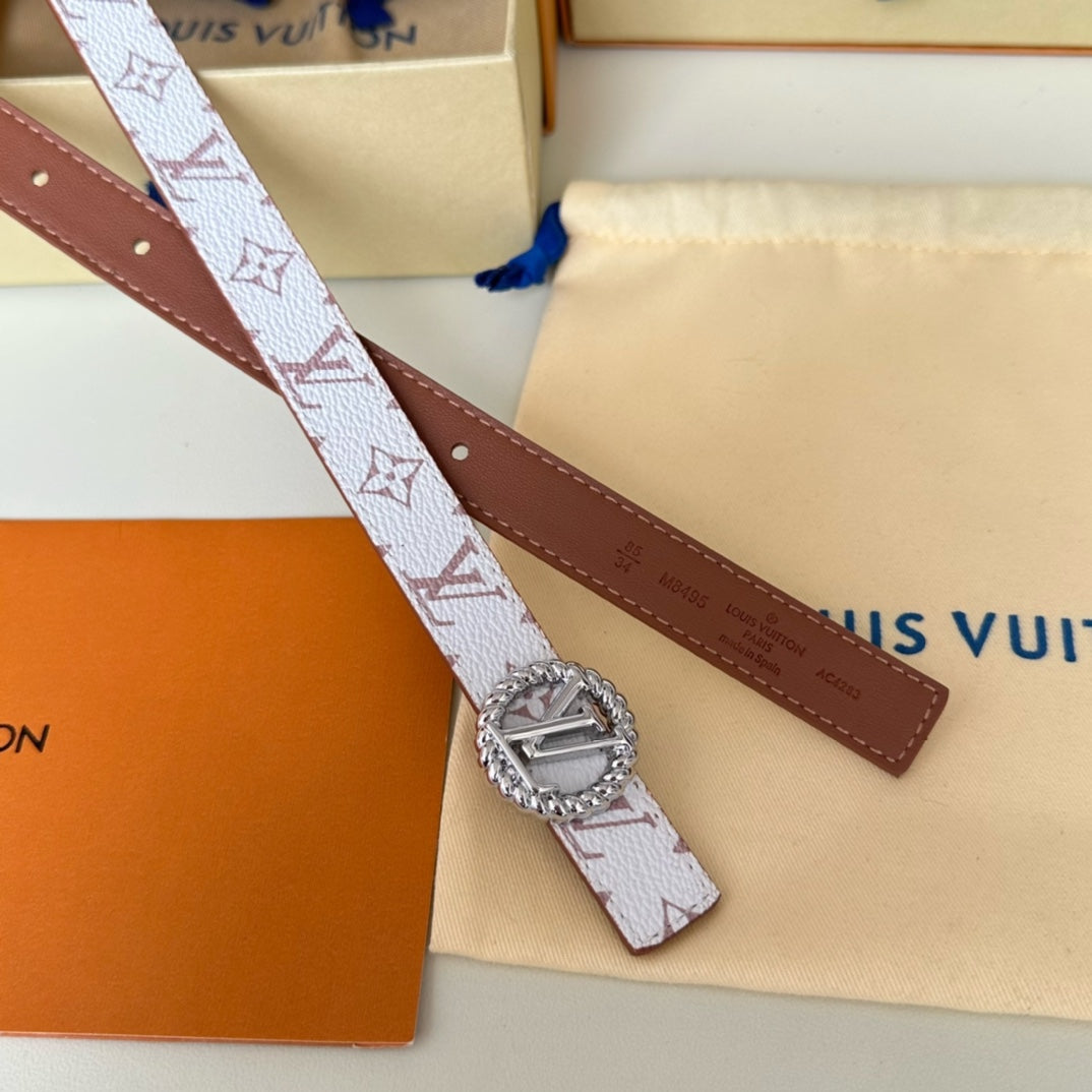 Louis Vuitton Circle Nautical 20mm Reversible Square End Tip Belt Silver Buckle Tan White lambskin