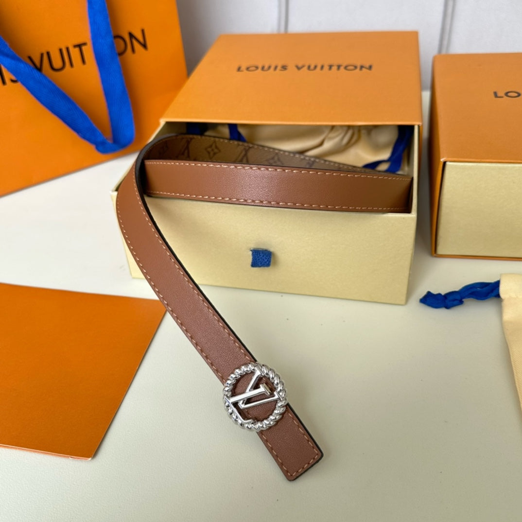 Louis Vuitton Circle Nautical 20mm Reversible Square End Tip Belt Silver Buckle Tan Light Brown lambskin