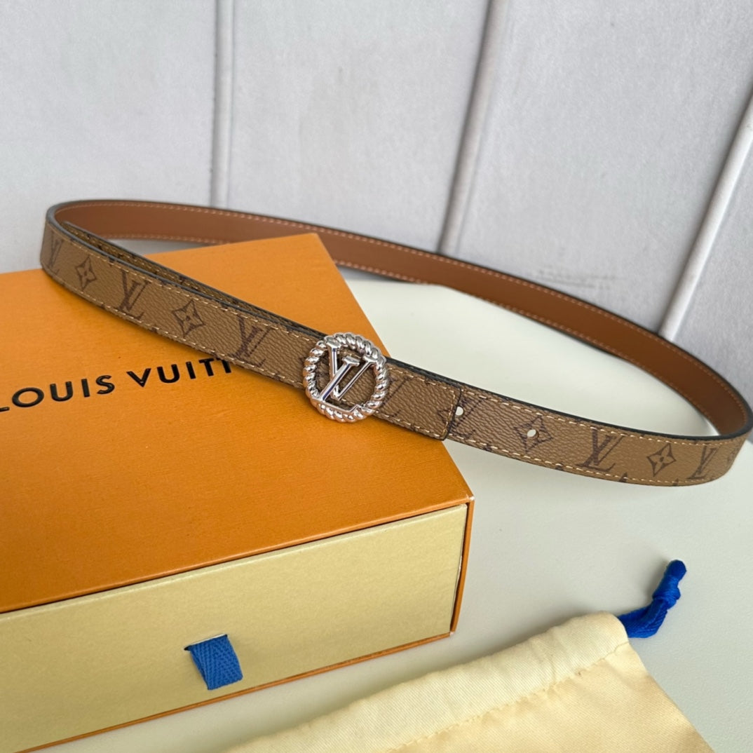 Louis Vuitton Circle Nautical 20mm Reversible Square End Tip Belt Silver Buckle Tan Light Brown lambskin