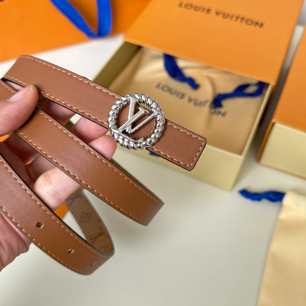 Louis Vuitton Circle Nautical 20mm Reversible Square End Tip Belt Silver Buckle Tan Light Brown lambskin