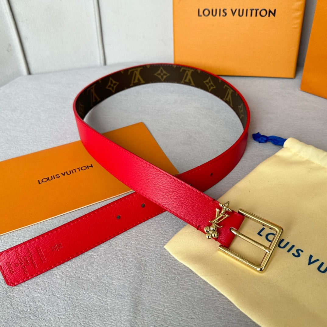 Louis Vuitton Bloom 30mm Belt Gold Buckle Red Brown Leather