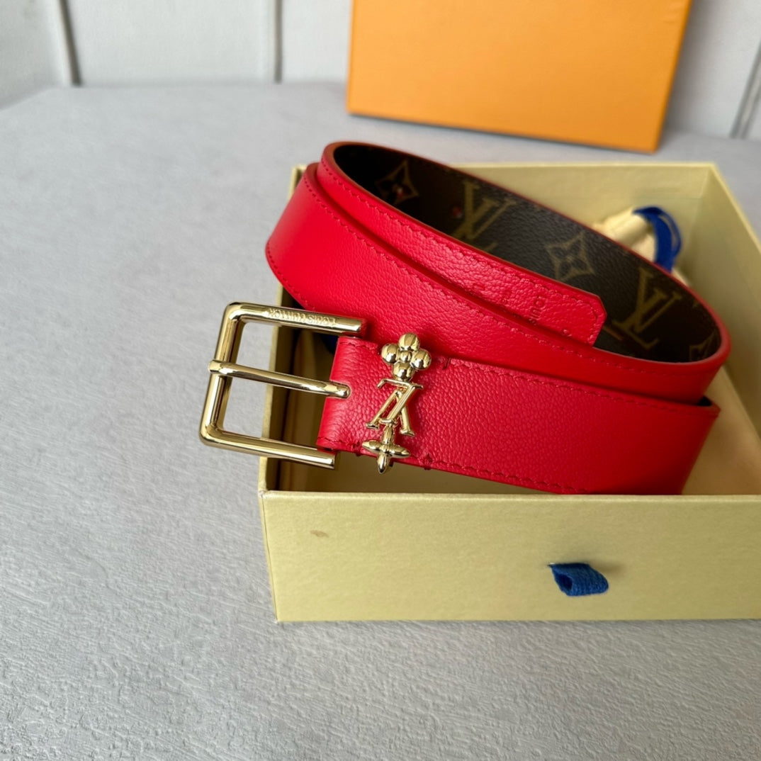 Louis Vuitton Bloom 30mm Belt Gold Buckle Red Brown Leather