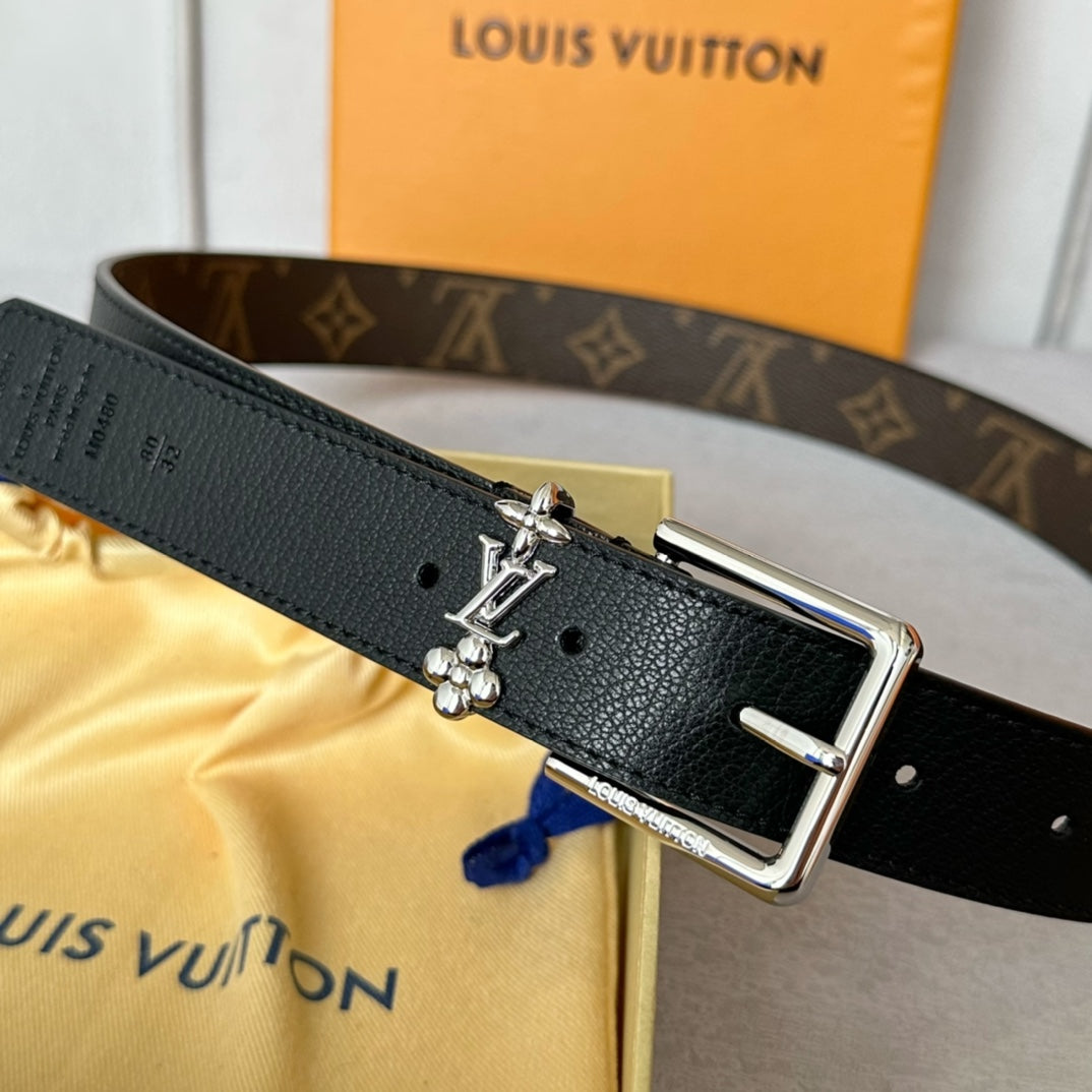 Louis Vuitton Bloom 30mm Belt Silver Buckle Black Brown Leather