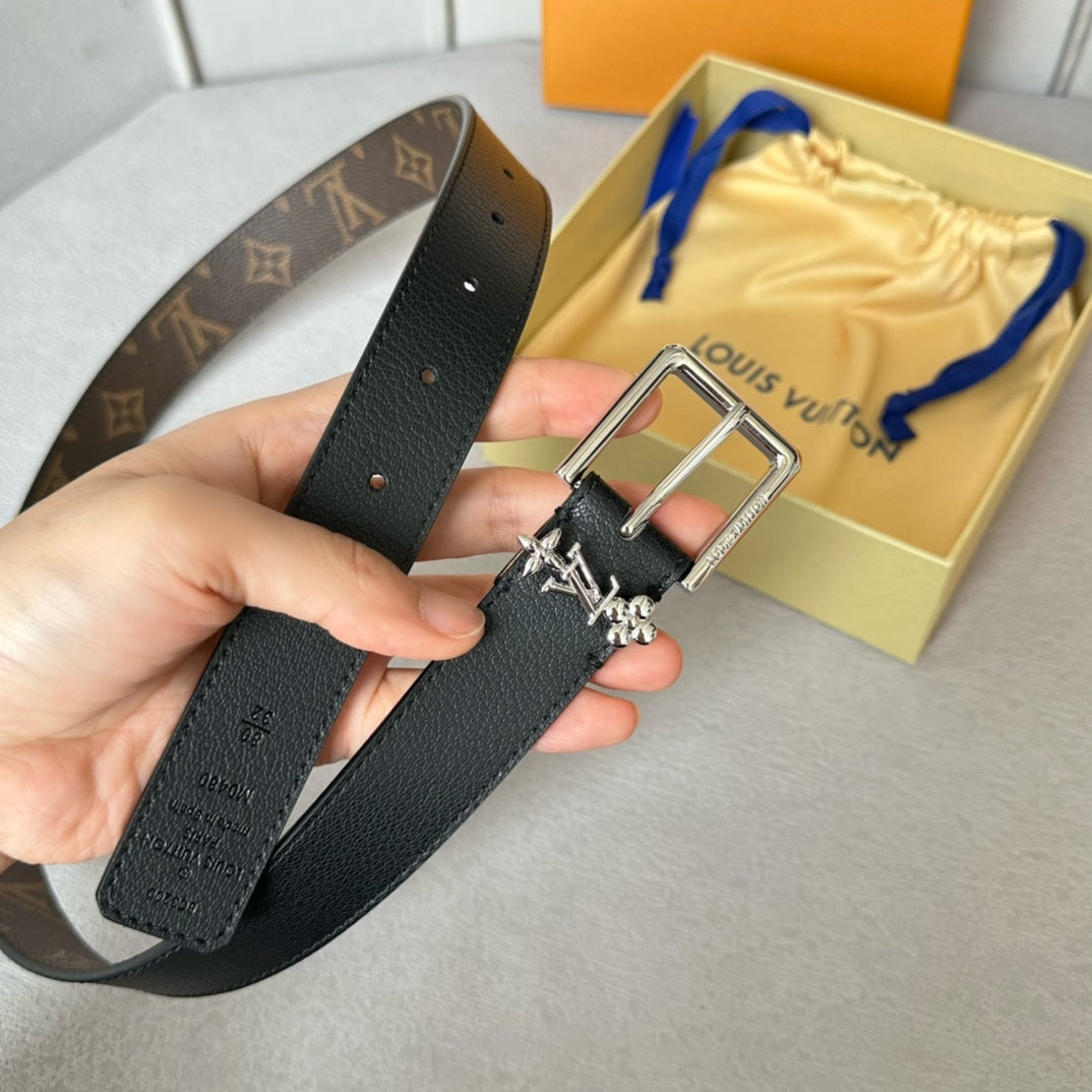 Louis Vuitton Bloom 30mm Belt Silver Buckle Black Brown Leather