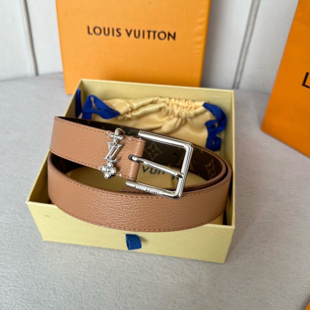 Louis Vuitton Bloom 30mm Belt Silver Buckle Beige Brown Leather