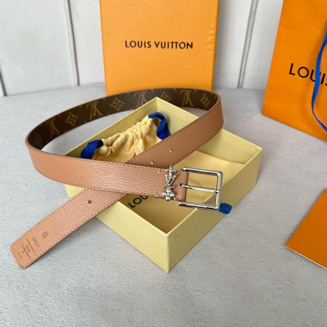Louis Vuitton Bloom 30mm Belt Silver Buckle Beige Brown Leather