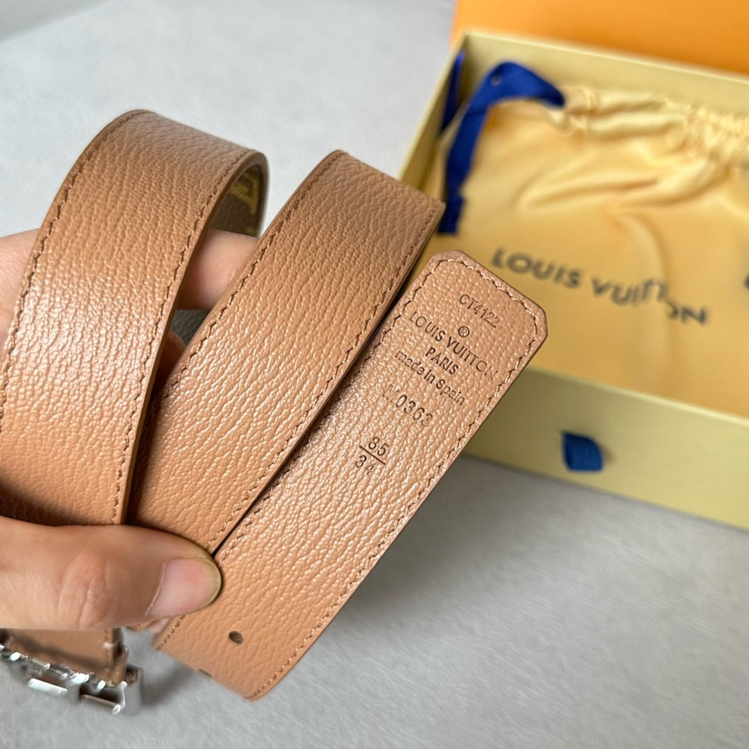 Louis Vuitton Bloom 30mm Belt Silver Buckle Beige Brown Leather
