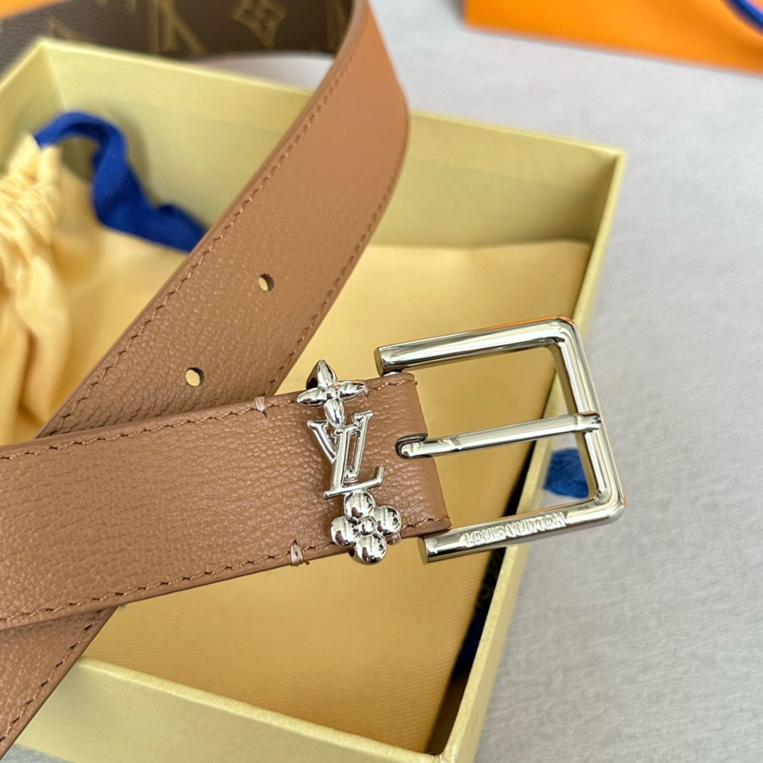Louis Vuitton Bloom 30mm Belt Silver Buckle Beige Brown Leather