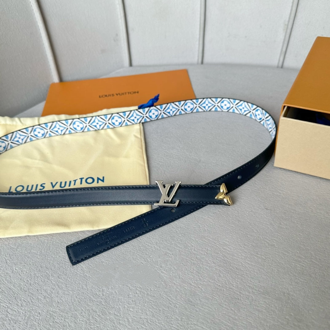 Louis Vuitton Pretty 20mm Reversible Belt Silver Buckle Black White Blue Leather