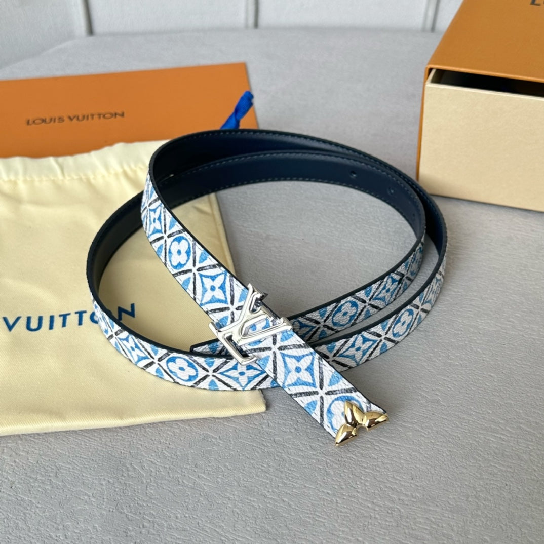 Louis Vuitton Pretty 20mm Reversible Belt Silver Buckle Black White Blue Leather