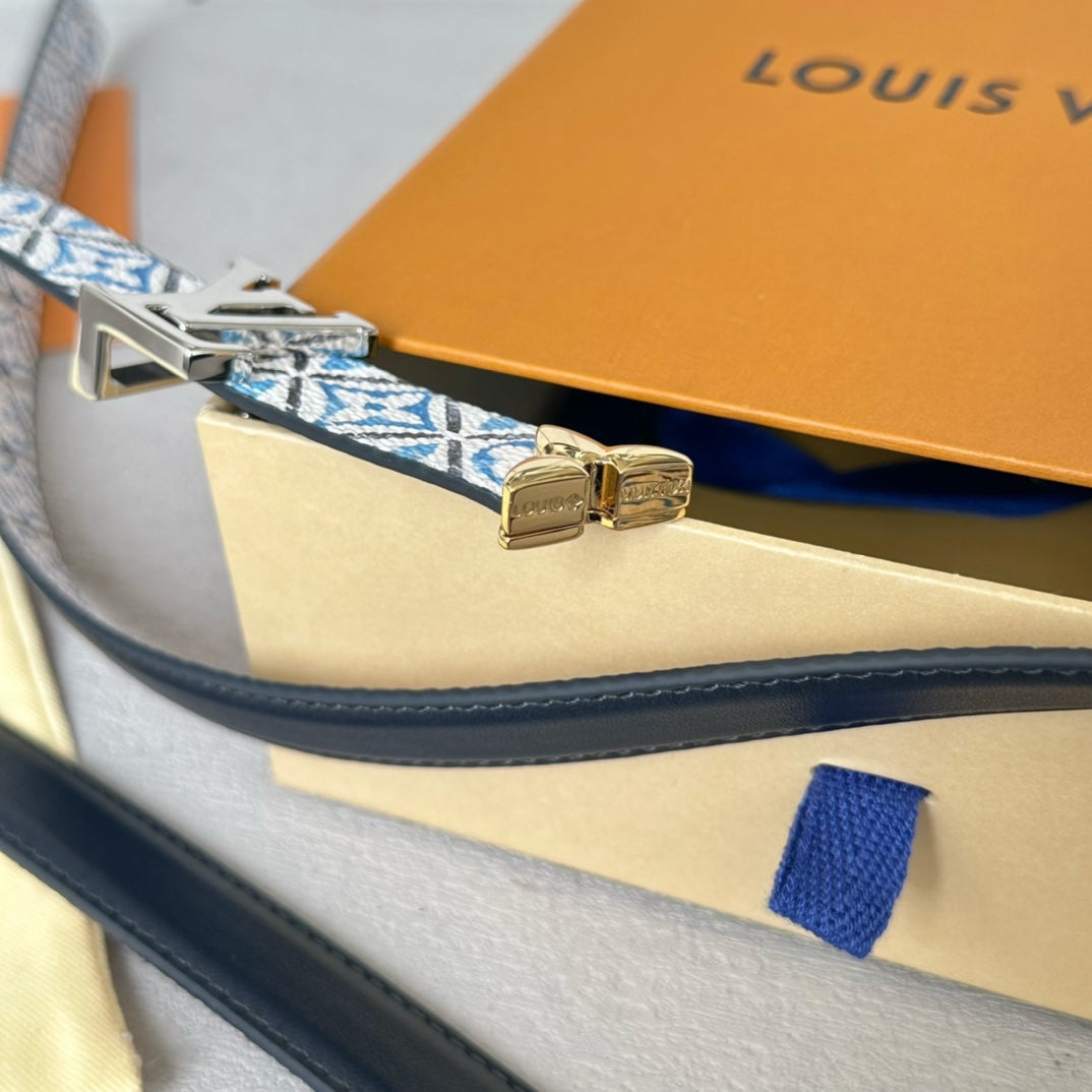 Louis Vuitton Pretty 20mm Reversible Belt Silver Buckle Black White Blue Leather