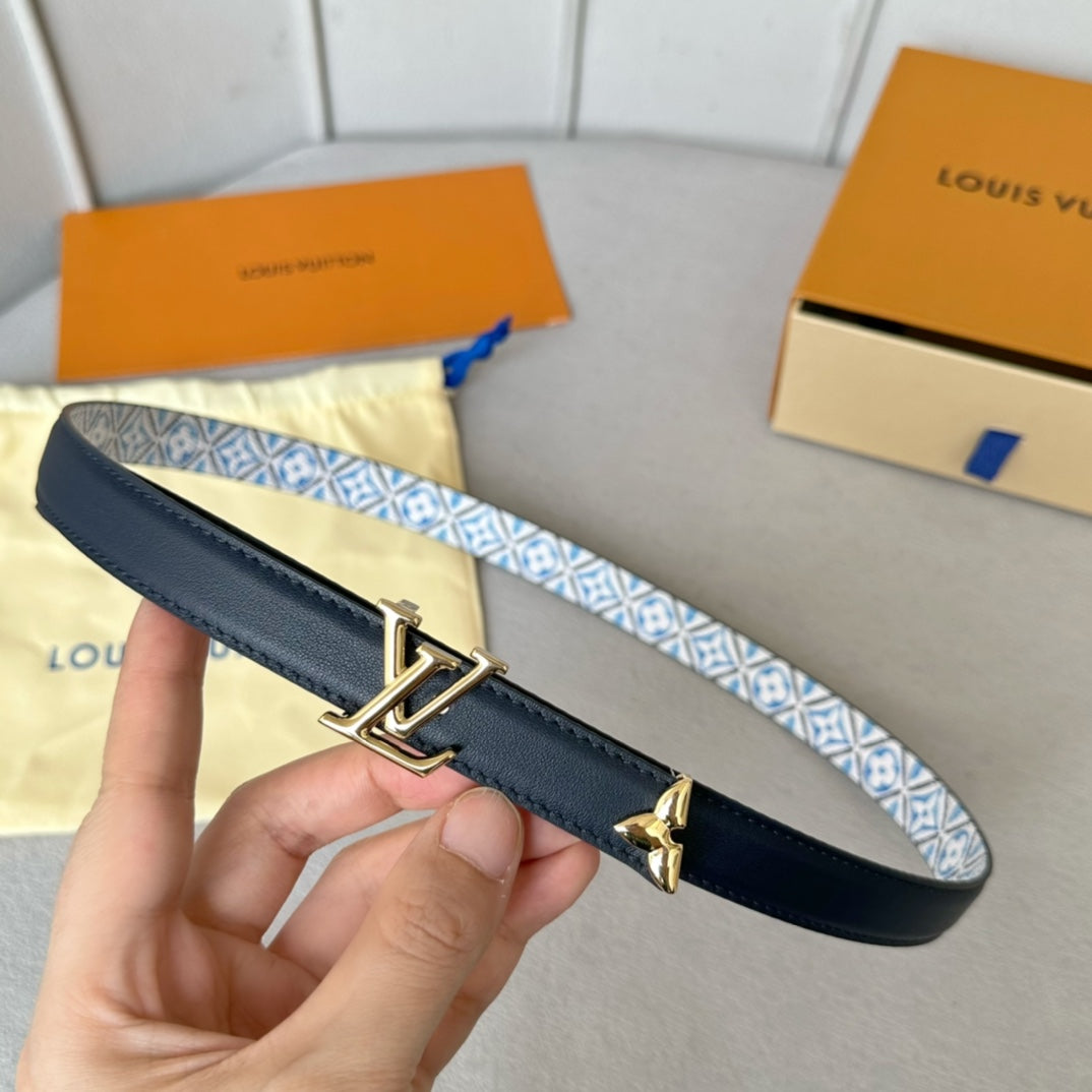 Louis Vuitton Pretty 20mm Reversible Belt Gold Buckle Black White Blue Leather