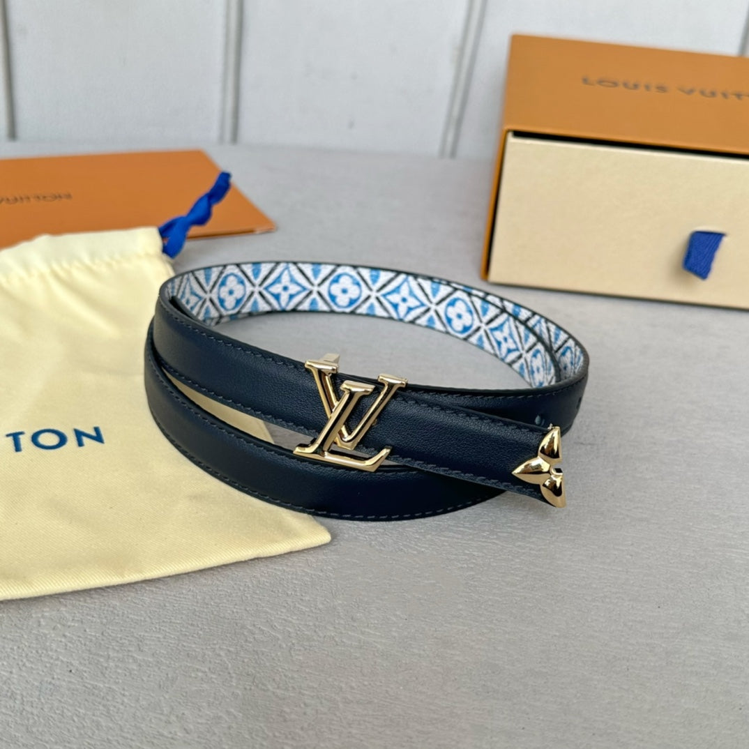 Louis Vuitton Pretty 20mm Reversible Belt Gold Buckle Black White Blue Leather