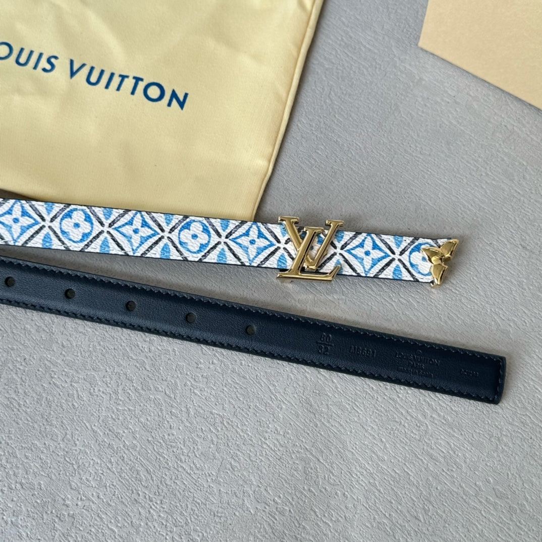 Louis Vuitton Pretty 20mm Reversible Belt Gold Buckle Black White Blue Leather