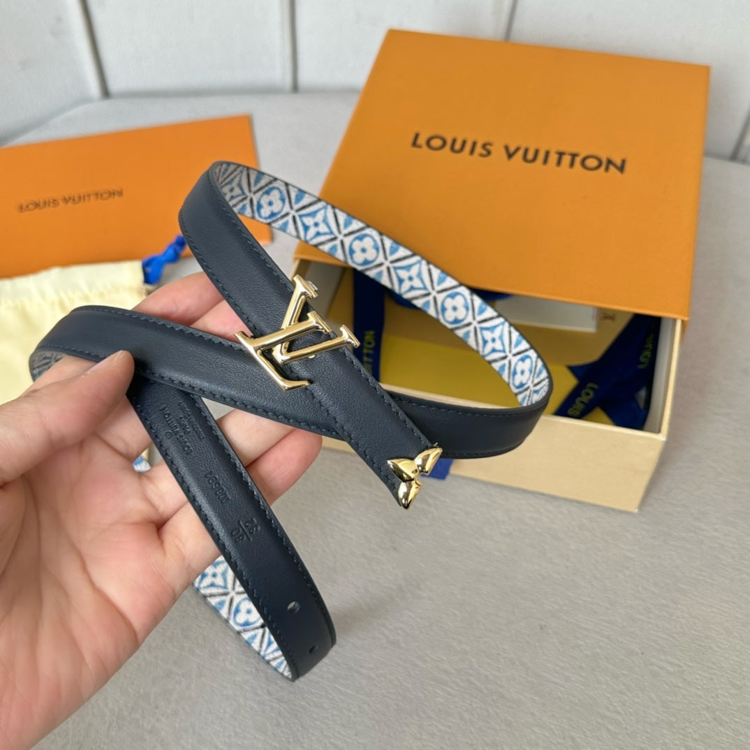 Louis Vuitton Pretty 20mm Reversible Belt Gold Buckle Black White Blue Leather