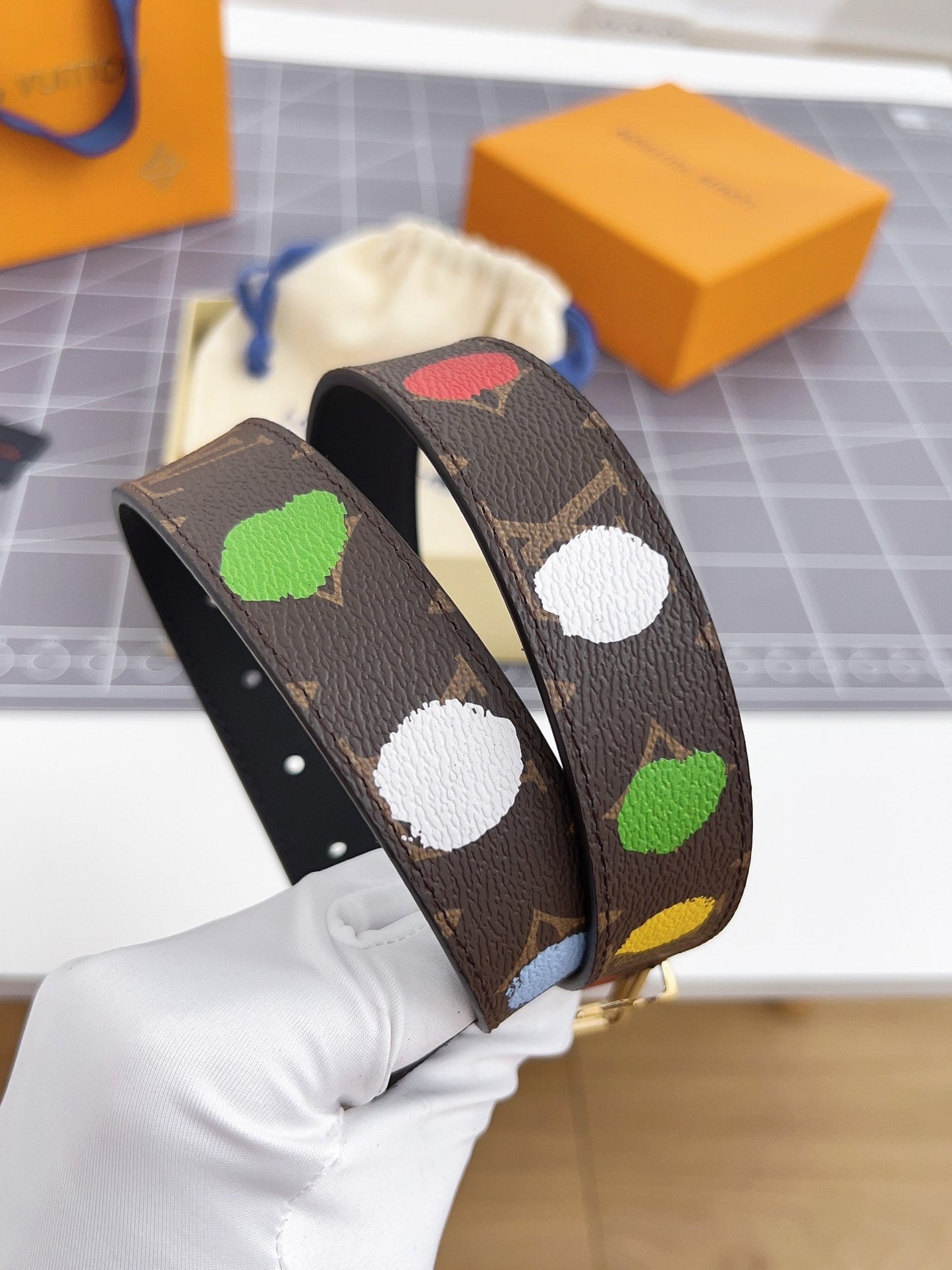 Louis Vuitton Bloom 30mm Mutilcolor Belt Gold Buckle Black Brown Leather