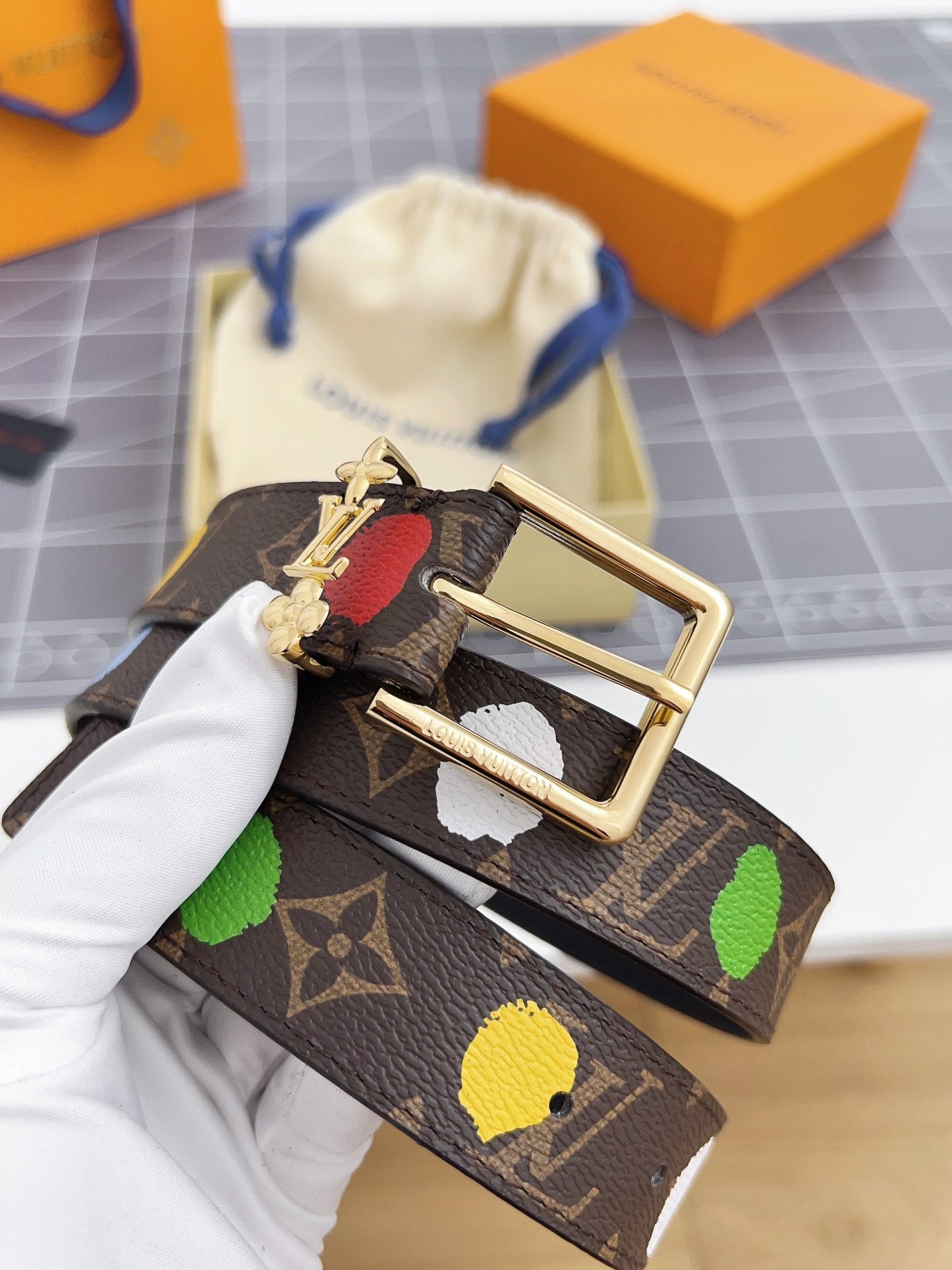 Louis Vuitton Bloom 30mm Mutilcolor Belt Gold Buckle Black Brown Leather