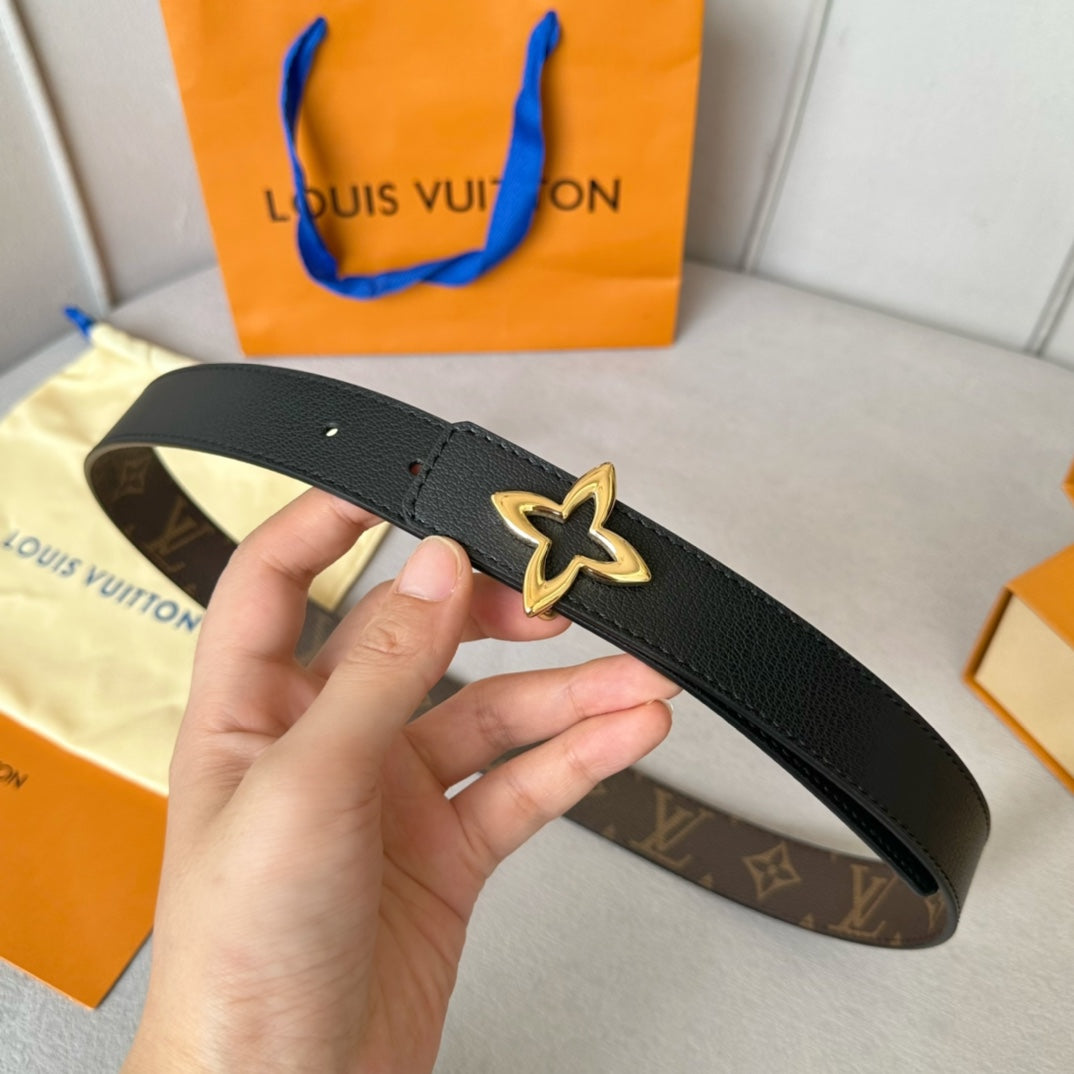 Louis Vuitton Flowergram 30mm Reversible Belt Gold Buckle Black Brown Leather