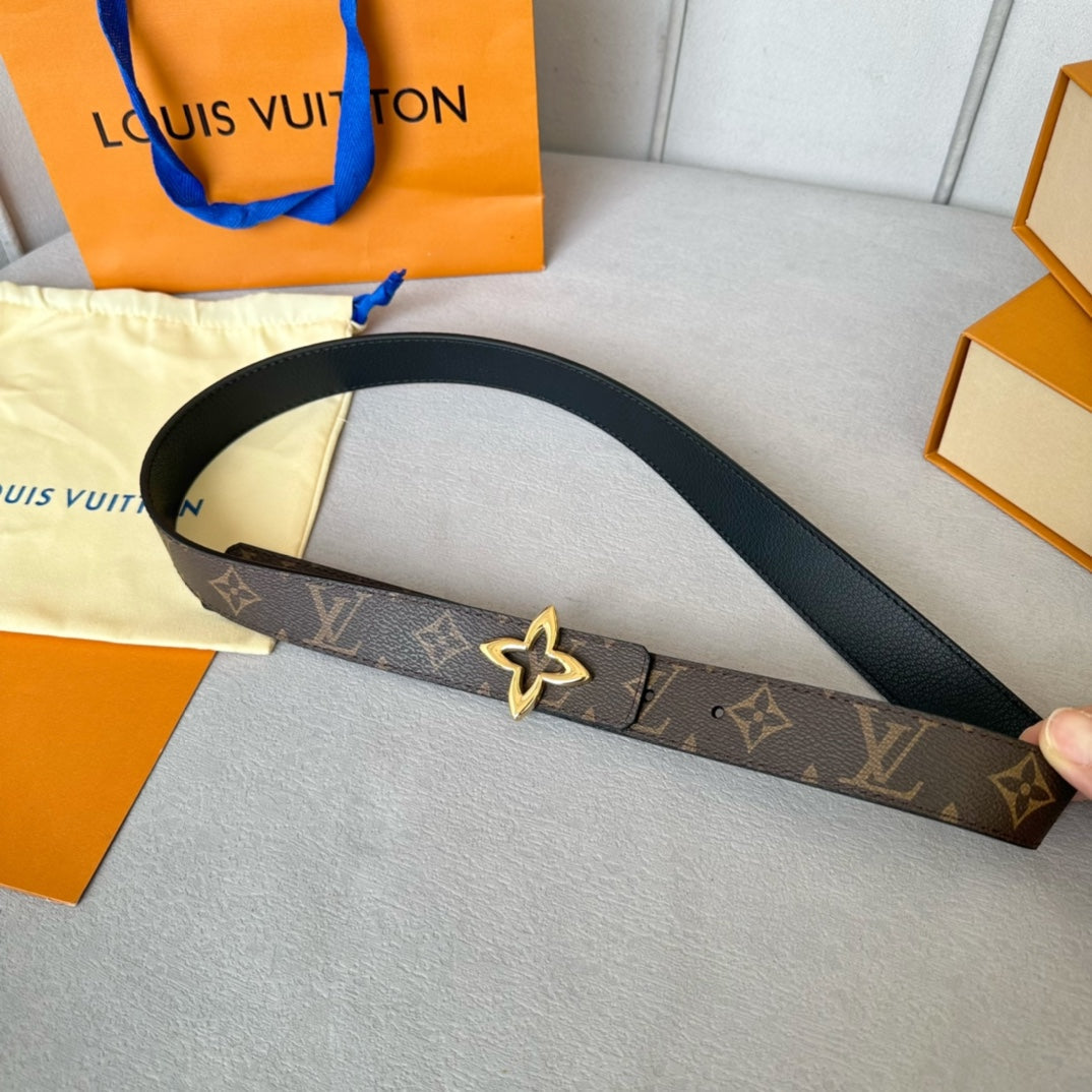 Louis Vuitton Flowergram 30mm Reversible Belt Gold Buckle Black Brown Leather