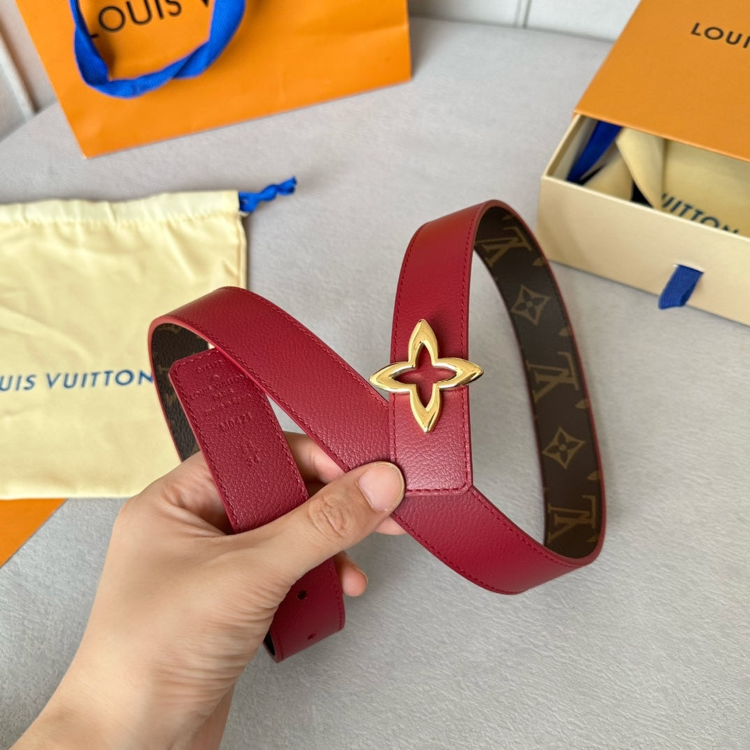 Louis Vuitton Flowergram 30mm Reversible Belt Gold Buckle Burgundy Brown Leather