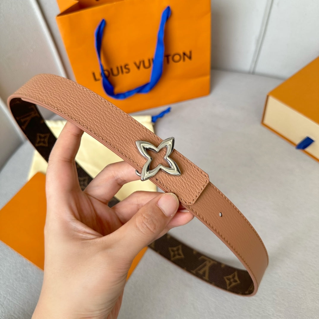 Louis Vuitton Flowergram 30mm Reversible Belt Silver Buckle Beige Brown Leather
