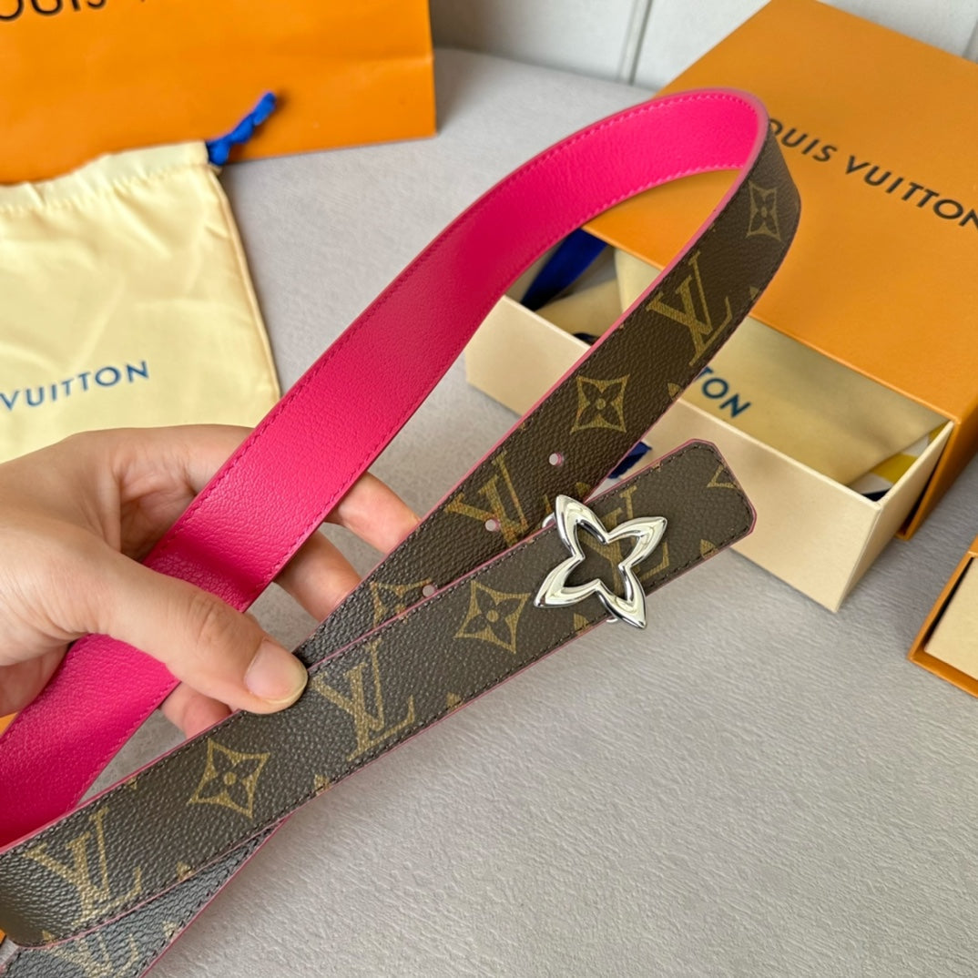 Louis Vuitton Flowergram 30mm Reversible Belt Silver Buckle Hot Pink Brown Leather