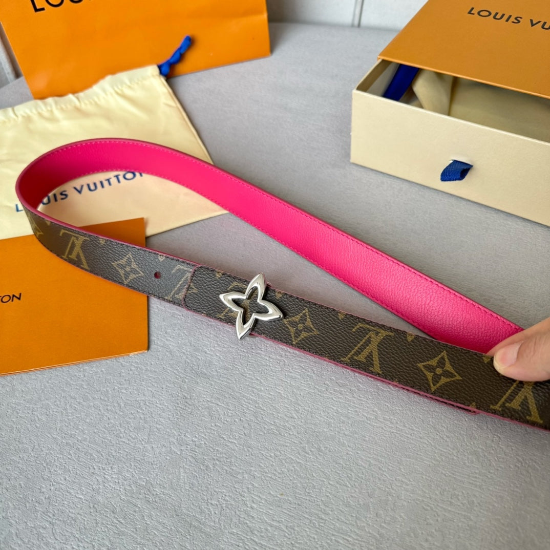 Louis Vuitton Flowergram 30mm Reversible Belt Silver Buckle Hot Pink Brown Leather