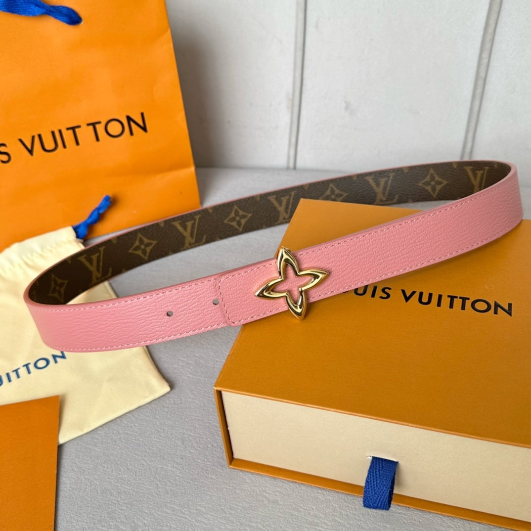 Louis Vuitton Flowergram 30mm Reversible Belt Gold Buckle Pink Brown Leather