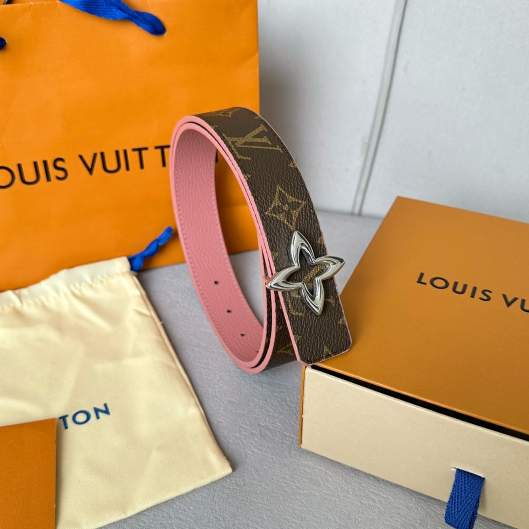 Louis Vuitton Flowergram 30mm Reversible Belt Silver Buckle Pink Brown Leather