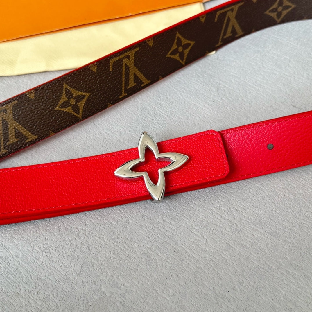 Louis Vuitton Flowergram 30mm Reversible Belt Silver Buckle Red Brown Leather