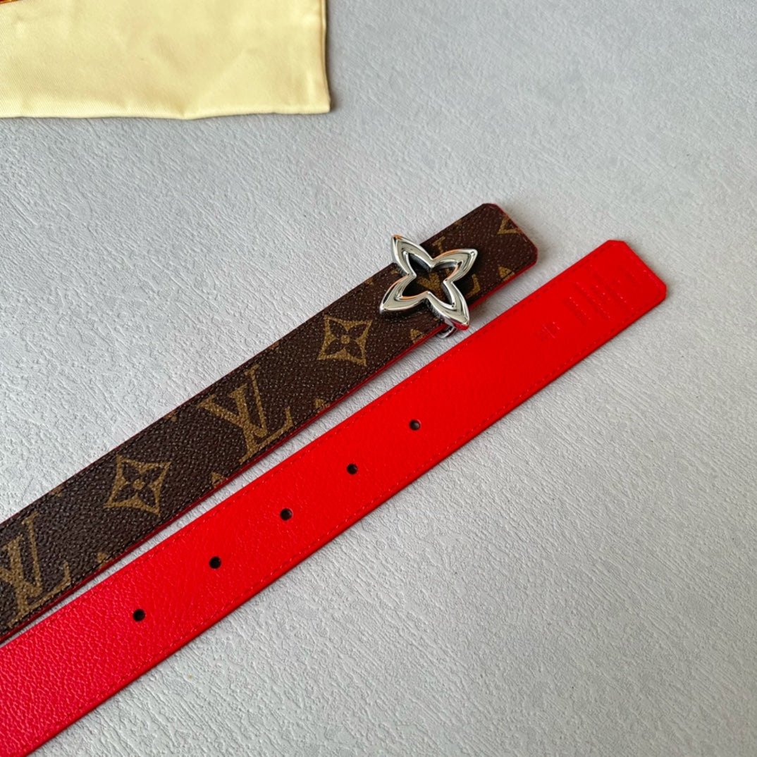 Louis Vuitton Flowergram 30mm Reversible Belt Silver Buckle Red Brown Leather