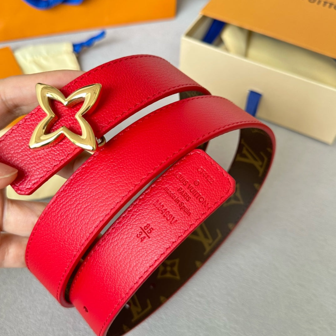 Louis Vuitton Flowergram 30mm Reversible Belt Gold Buckle Red Brown Leather