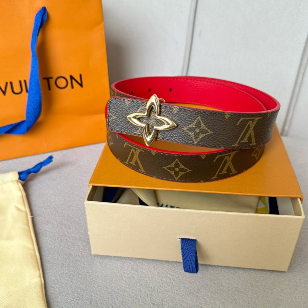 Louis Vuitton Flowergram 30mm Reversible Belt Gold Buckle Red Brown Leather