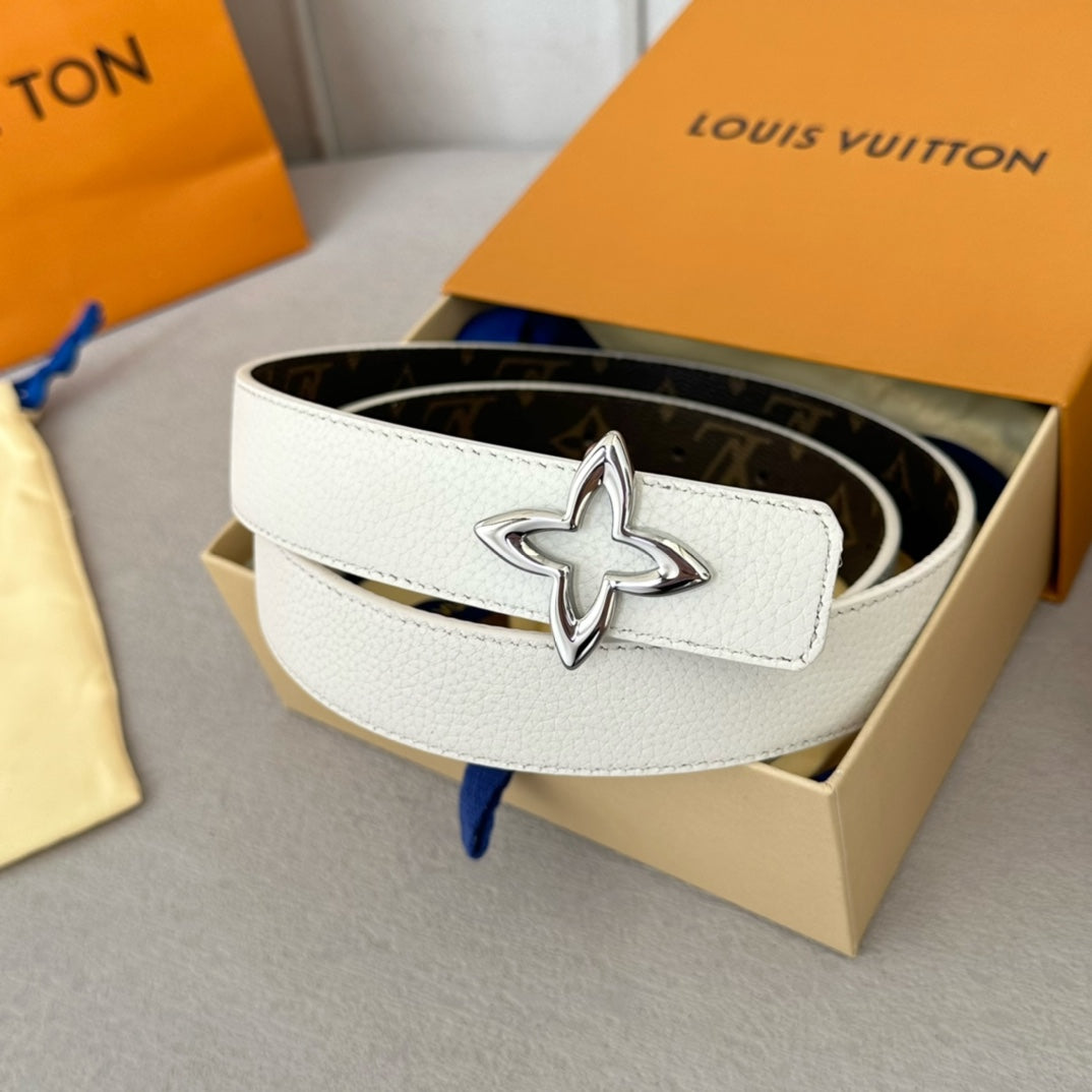 Louis Vuitton Flowergram 30mm Reversible Belt Silver Buckle White Brown Leather