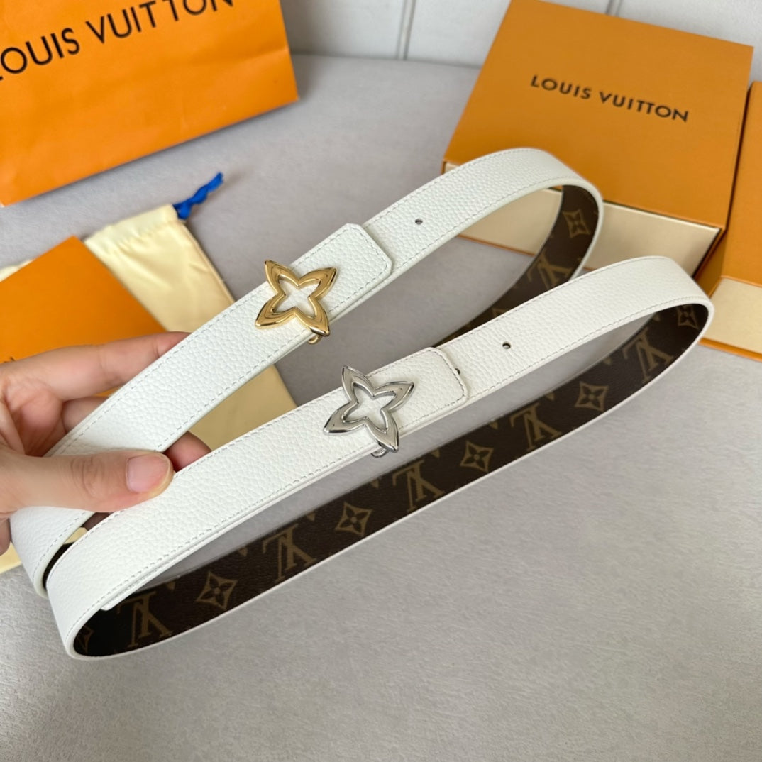 Louis Vuitton Flowergram 30mm Reversible Belt Silver Buckle White Brown Leather