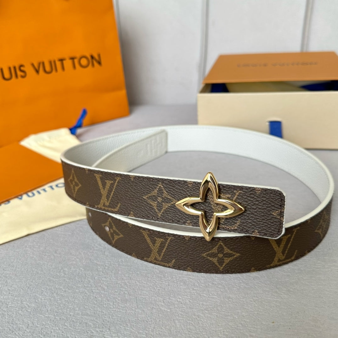 Louis Vuitton Flowergram 30mm Reversible Belt Gold Buckle White Brown Leather