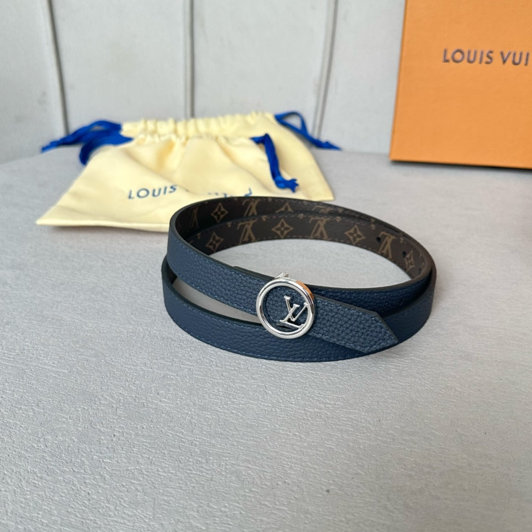 Louis Vuitton Circle 20mm Reversible Belt Silver Buckle Navy Blue Brown Leather