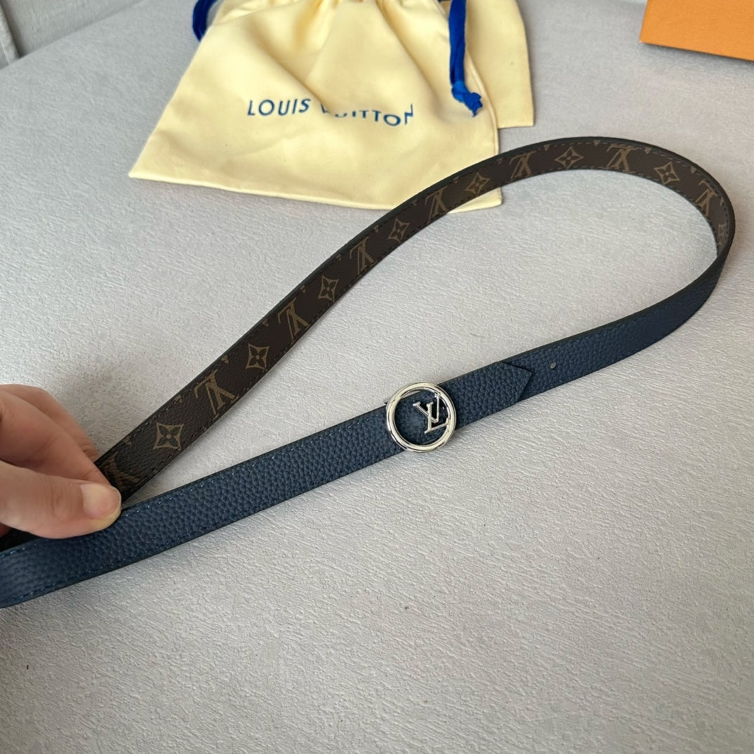 Louis Vuitton Circle 20mm Reversible Belt Silver Buckle Navy Blue Brown Leather