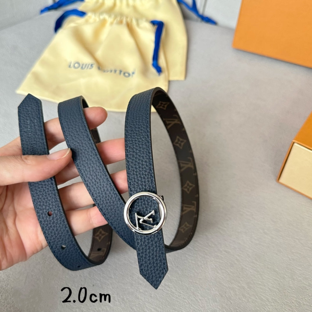 Louis Vuitton Circle 20mm Reversible Belt Silver Buckle Navy Blue Brown Leather