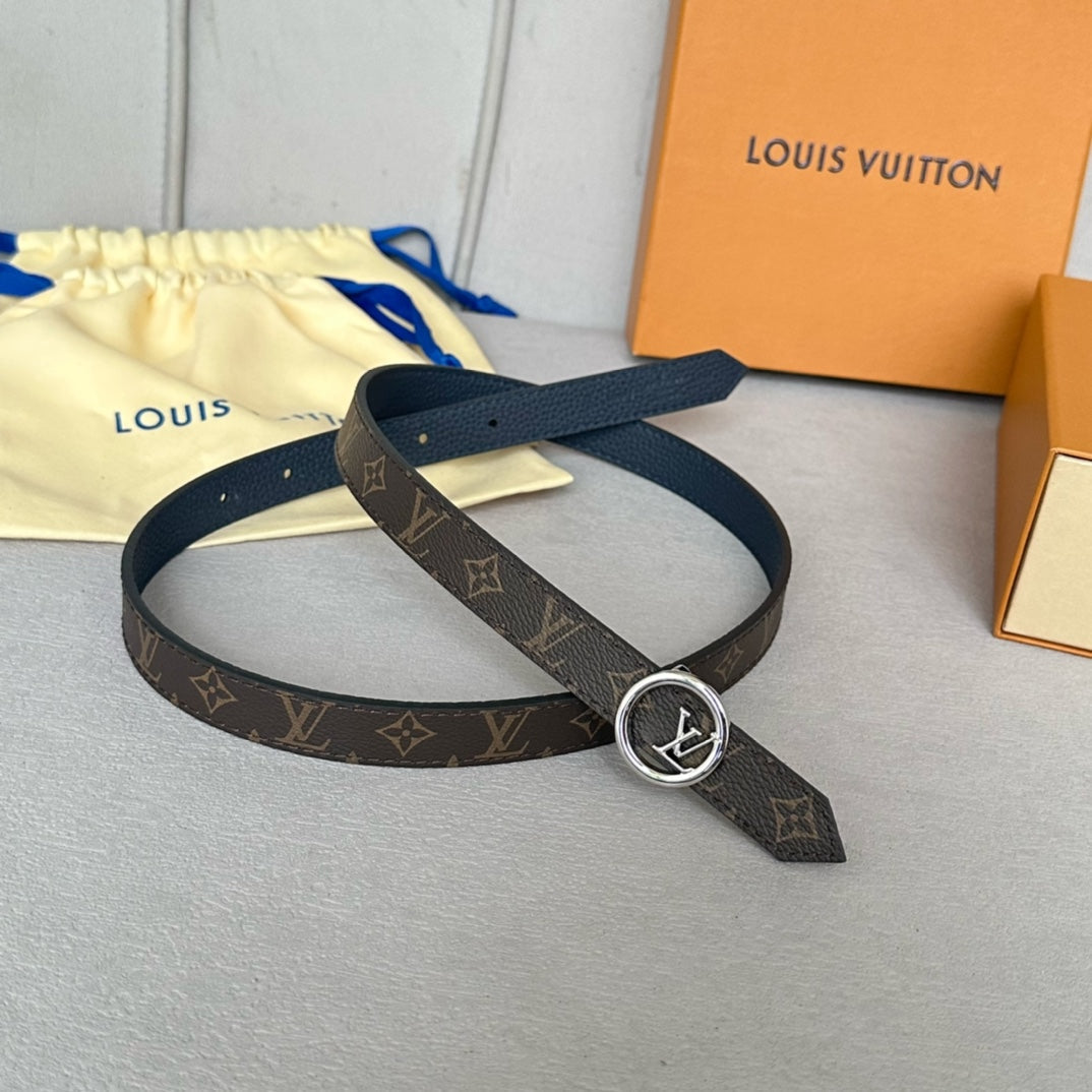 Louis Vuitton Circle 20mm Reversible Belt Silver Buckle Navy Blue Brown Leather