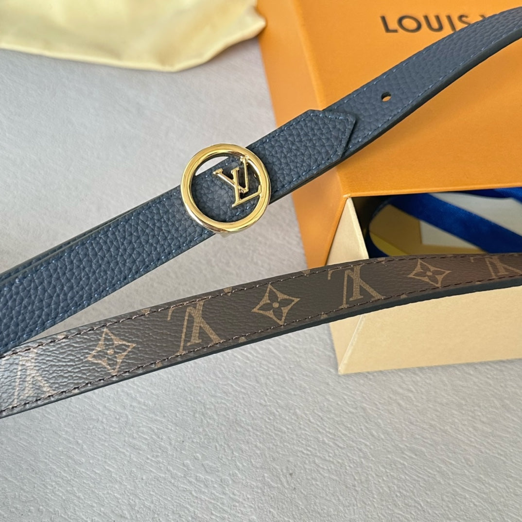 Louis Vuitton Circle 20mm Reversible Belt Gold Buckle Navy Blue Brown Leather