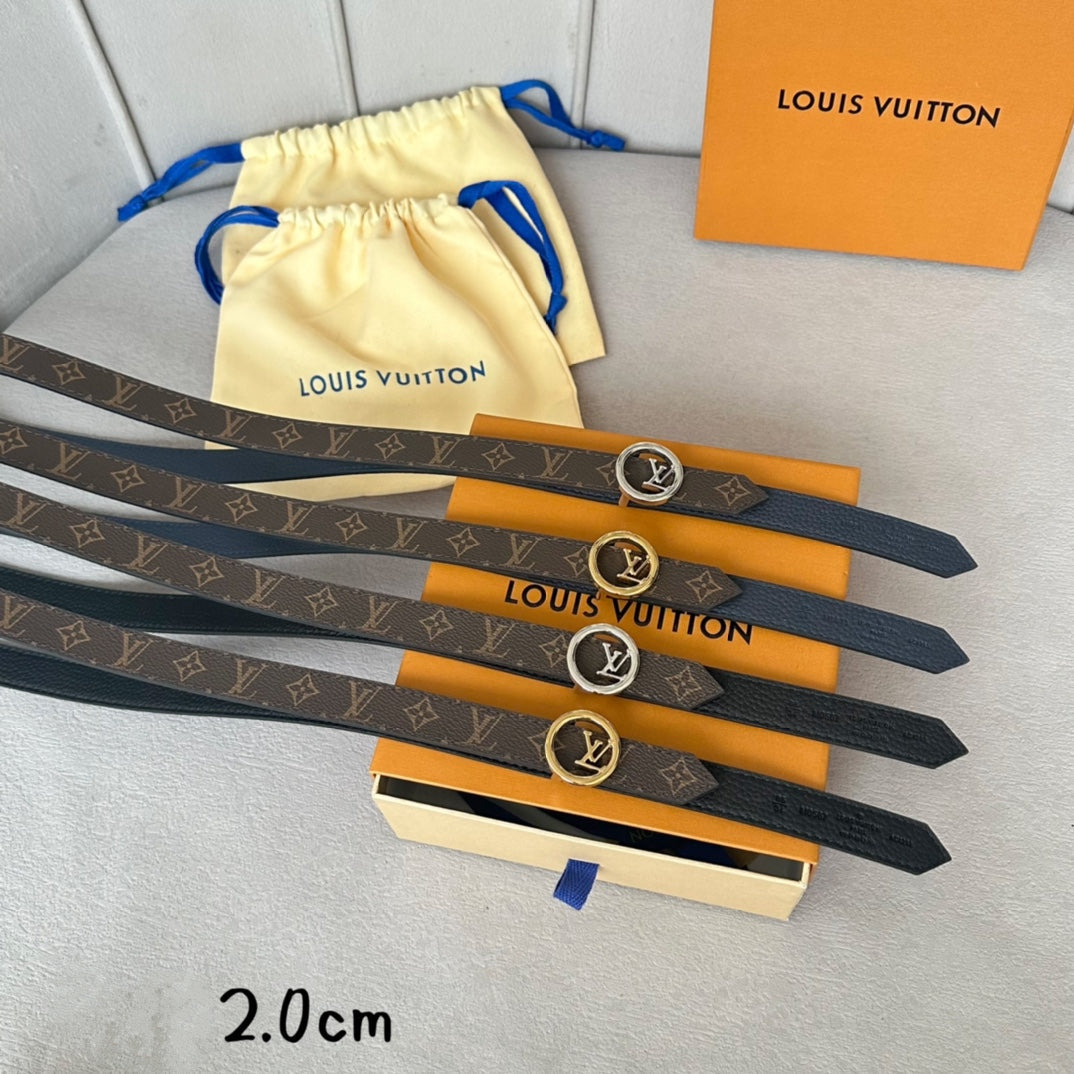 Louis Vuitton Circle 20mm Reversible Belt Gold Buckle Navy Blue Brown Leather